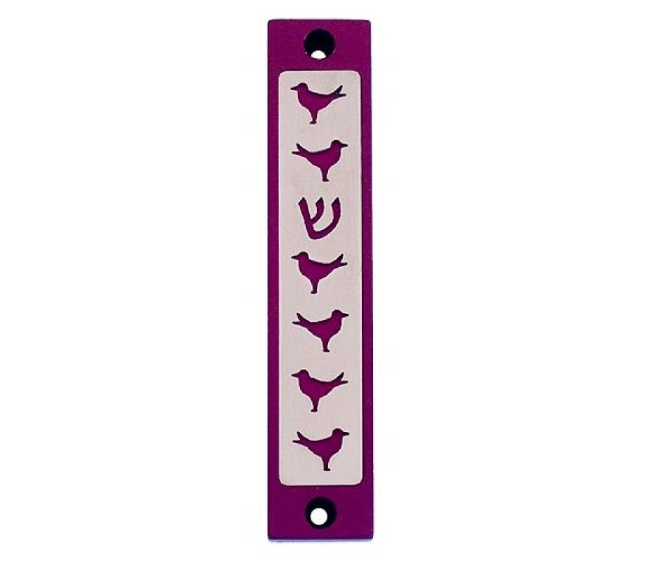 Mezuzah Case with Six Doves and Shin in Dark Colors, 4 Inches Height - Agayof
