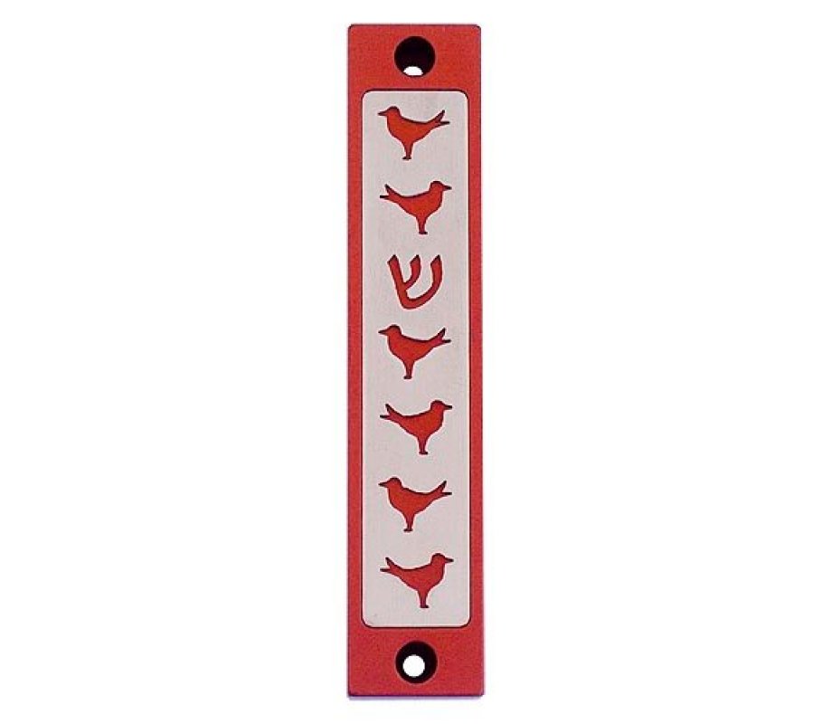 Mezuzah Case with Six Doves and Shin in Dark Colors, 4 Inches Height - Agayof