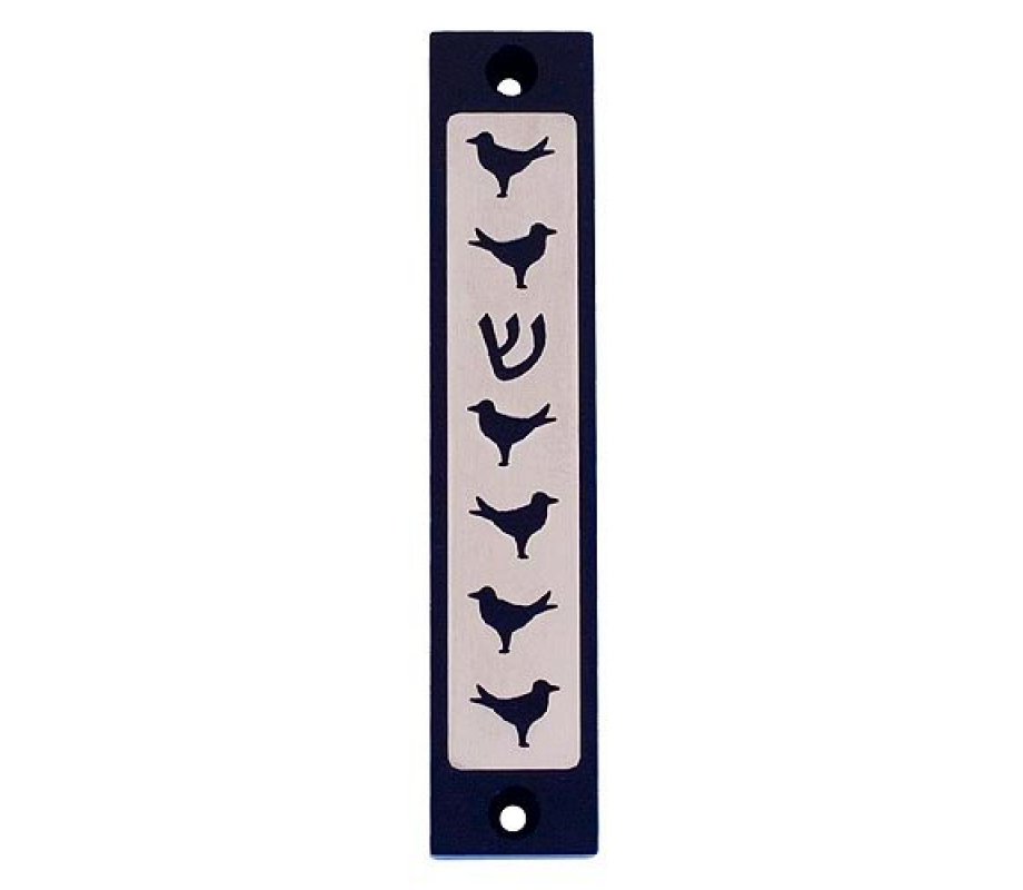 Mezuzah Case with Six Doves and Shin in Dark Colors, 4 Inches Height - Agayof