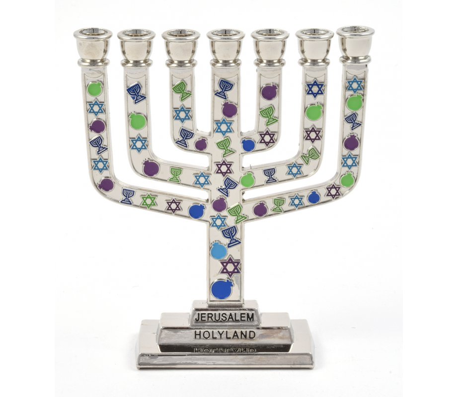 Mini 7-Branch Menorah with Decorative Colorful Judaic Symbols � 3.9