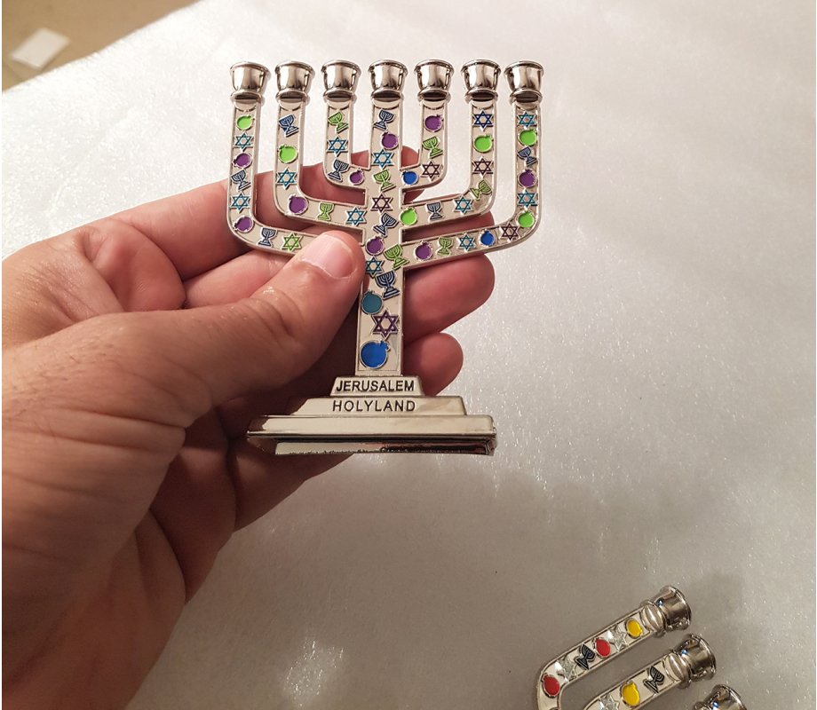 Mini 7-Branch Menorah with Decorative Colorful Judaic Symbols � 3.9