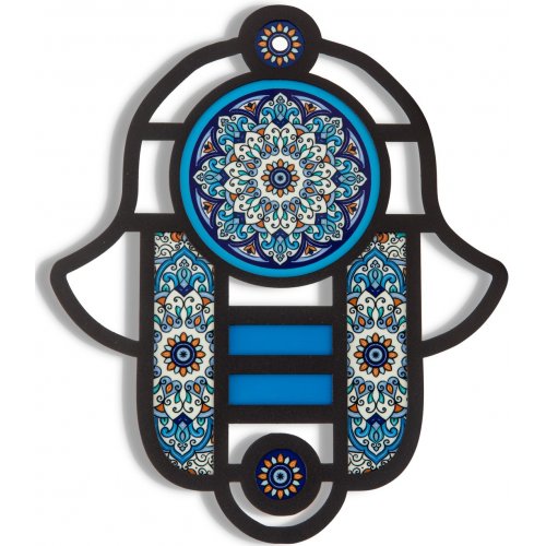 Modern Hamsa in Stained Glass Art Style, Floral Design in Blue - Dorit Judaica