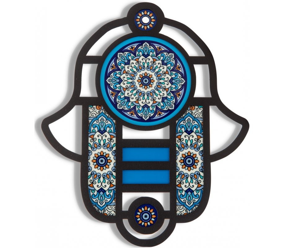 Modern Hamsa in Stained Glass Art Style, Floral Design in Blue - Dorit Judaica