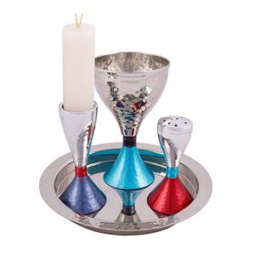 Modern Style 4-Piece Havdalah Set, Hammered Nickel in Colored Two Tone - Yair Emanuel