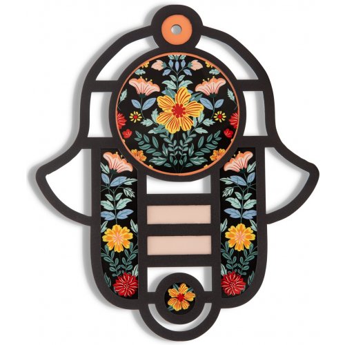 Modern Wall Hamsa in Stained Glass Art Style with Colorful Flowers - Dorit Judaica