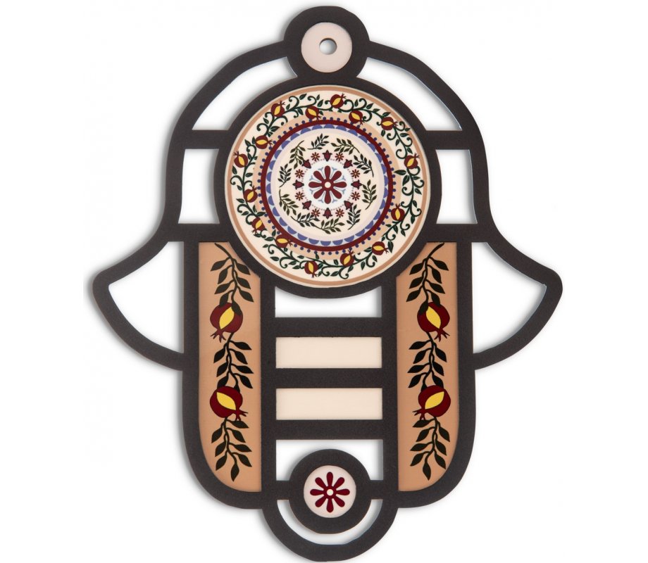 Modern Wall Hamsa in Stained Glass Art with Mandala & Pomegranates - Dorit Judaica
