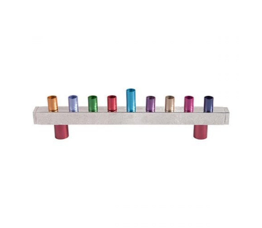 Multicolor Hammered Aluminum Hanukkah Menorah, Tube Design - Yair Emanuel