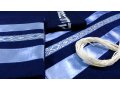 Navy Blue Tallit Set with Sporty Blue Stripes with Kippah and Bag by Ronit Gur