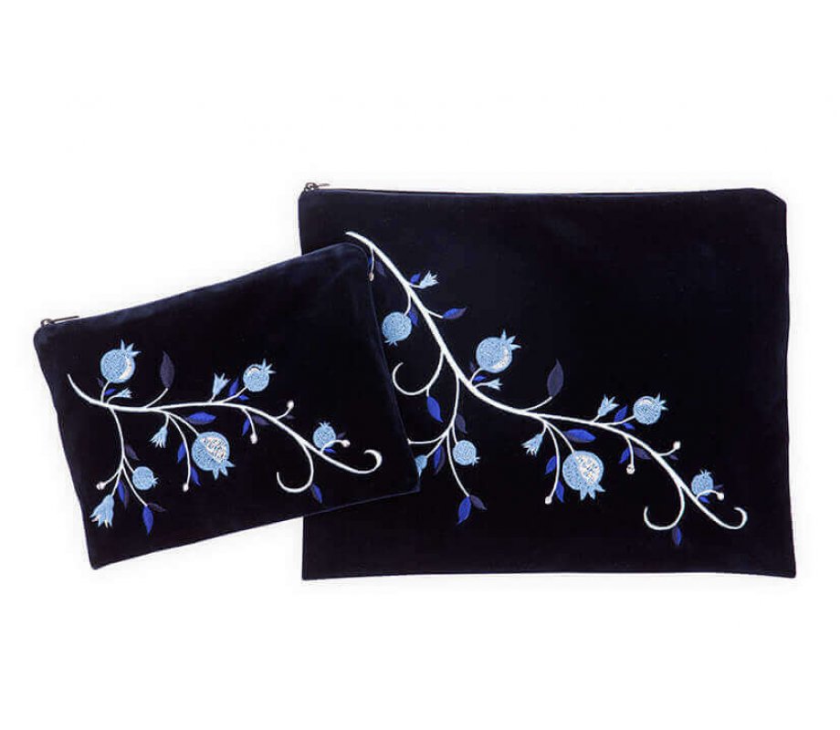 Navy Velvet Tallit Bag Set, Embroidered Shades-of-Blue Pomegranates - Ronit Gur