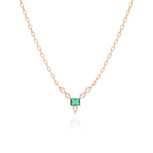 Necklace with Green and White Zircons Pendant  Choose Plated Yellow or Rose Gold