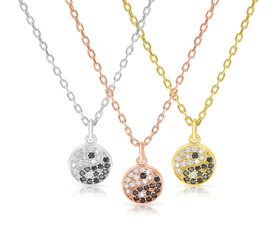 Necklace with Ying Yang Zircon Pendant – In Sterling Silver, Yellow Gold or Rose Gold