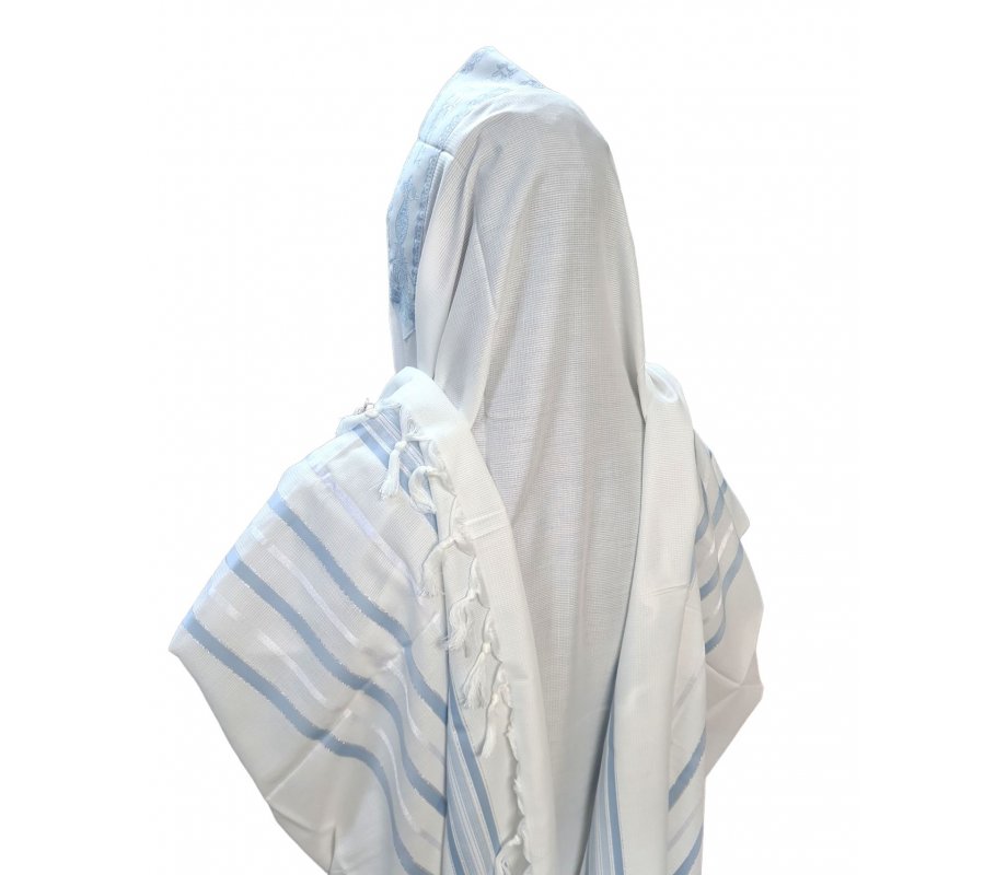 Non Slip Acrylic Prayer Shawl, Checkerboard Weave  Sky Blue and Silver Stripes