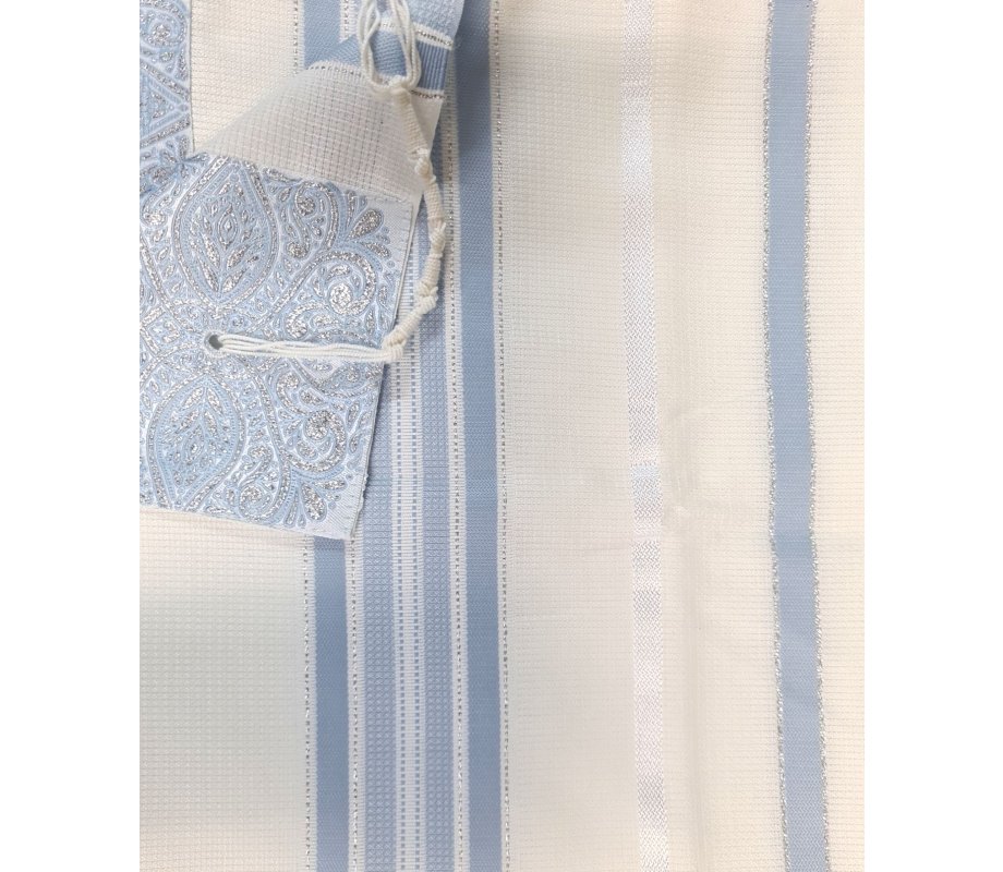 Non Slip Acrylic Prayer Shawl, Checkerboard Weave  Sky Blue and Silver Stripes
