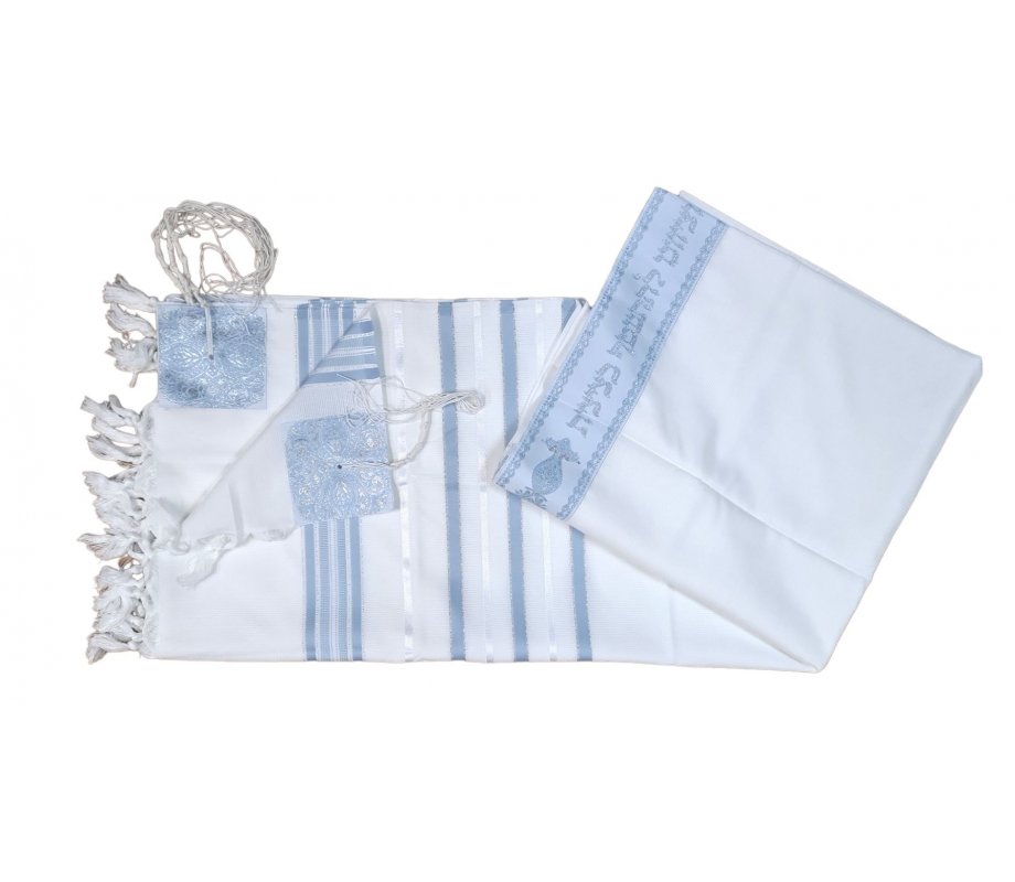 Non Slip Acrylic Prayer Shawl, Checkerboard Weave  Sky Blue and Silver Stripes