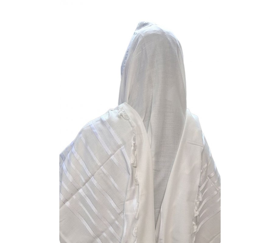 Non Slip Acrylic Prayer Shawl, Textured Checkerboard Weave – Silver and White Stripes
