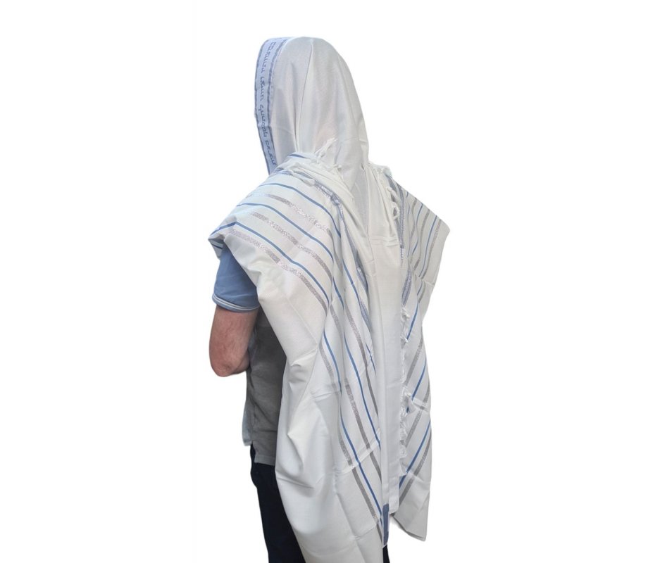 Non Slip Lightweight Acrylic Tallit Prayer Shawl with Silver and Light Blue Stripes