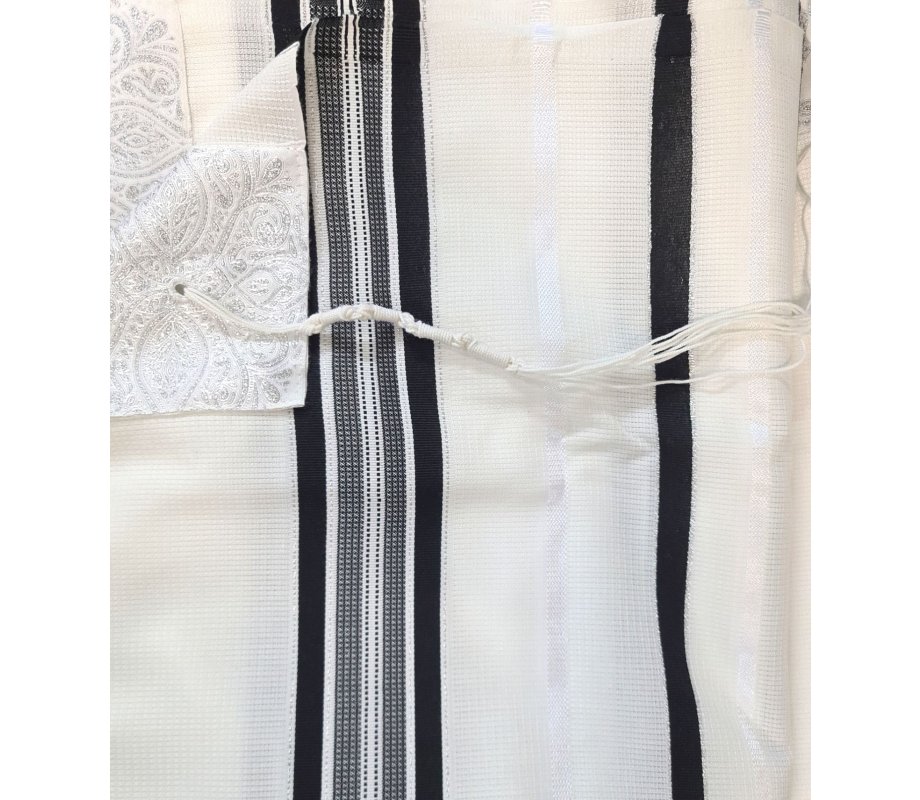 Non-Slip Acrylic Prayer Shawl, Textured Checkerboard Weave - Silver and Black Stripes