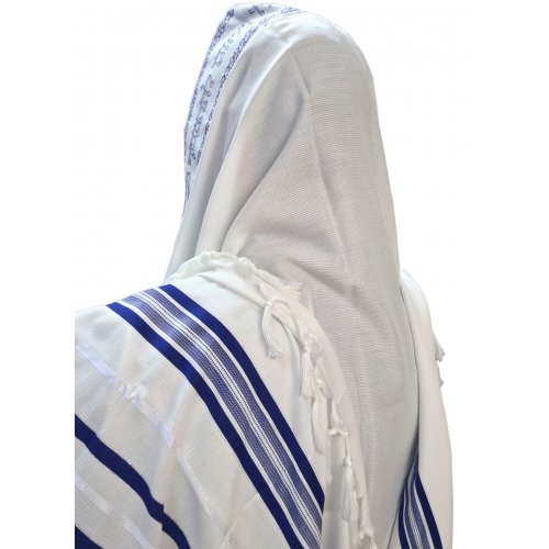 Non-Slip Acrylic Prayer Shawl, Textured Checkerboard Weave  Silver and Blue Stripes