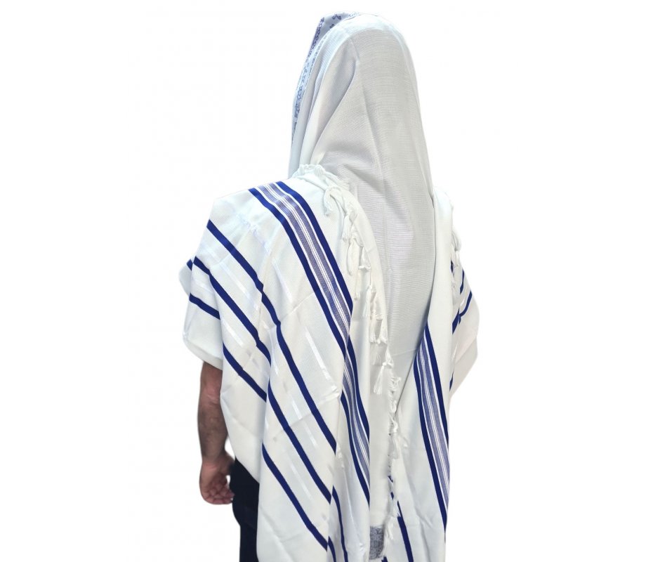 Non-Slip Acrylic Prayer Shawl, Textured Checkerboard Weave – Silver and Blue Stripes
