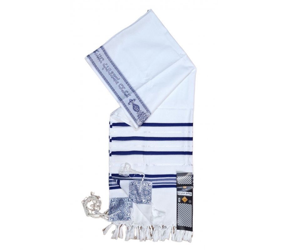 Non-Slip Acrylic Prayer Shawl, Textured Checkerboard Weave – Silver and Blue Stripes