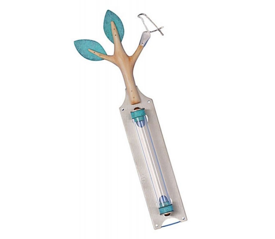 Olive Tree and Dove Mezuzah Case Turquoise - Wood and Metal by Shraga Landesman