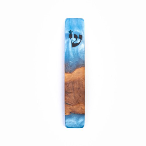 Olive Wood and Epoxy Mezuzah Case - Blue