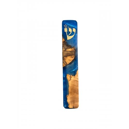 Olive Wood and Epoxy Mezuzah Case - Blue