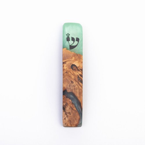 Olive Wood and Epoxy Mezuzah Case - Ocean Blue