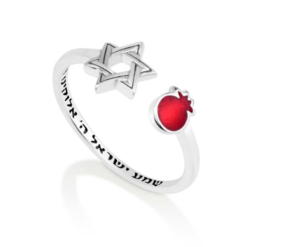 Open Sterling Silver Ring, Star of David and Red Pomegranate and Shema Yisrael