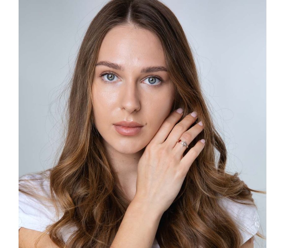 Open Sterling Silver Ring, Star of David and Red Pomegranate and Shema Yisrael