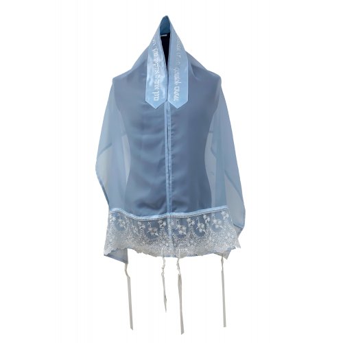 Organza Tallit Prayer Shawl Set With Decorative Floral Panel, Blue - Ronit Gur