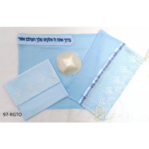 Organza Tallit Prayer Shawl Set With Decorative Floral Panel, Blue - Ronit Gur