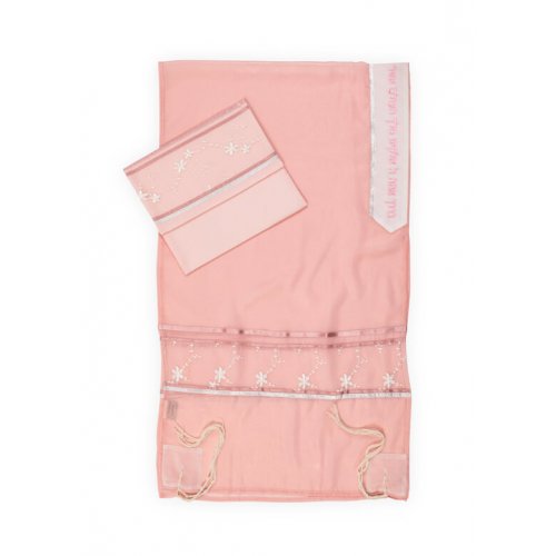 Organza Tallit Prayer Shawl Set With Decorative Floral Panel, Pink - Ronit Gur