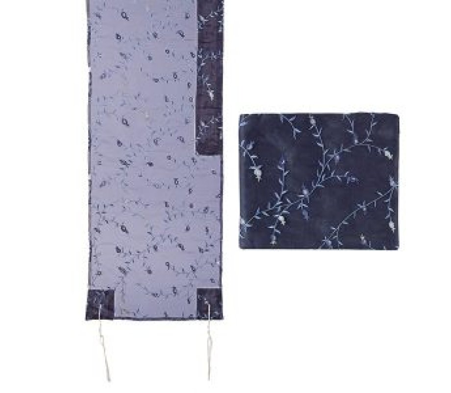 Organza Tallit Set, Floral Design, Blue - Yair Emanuel