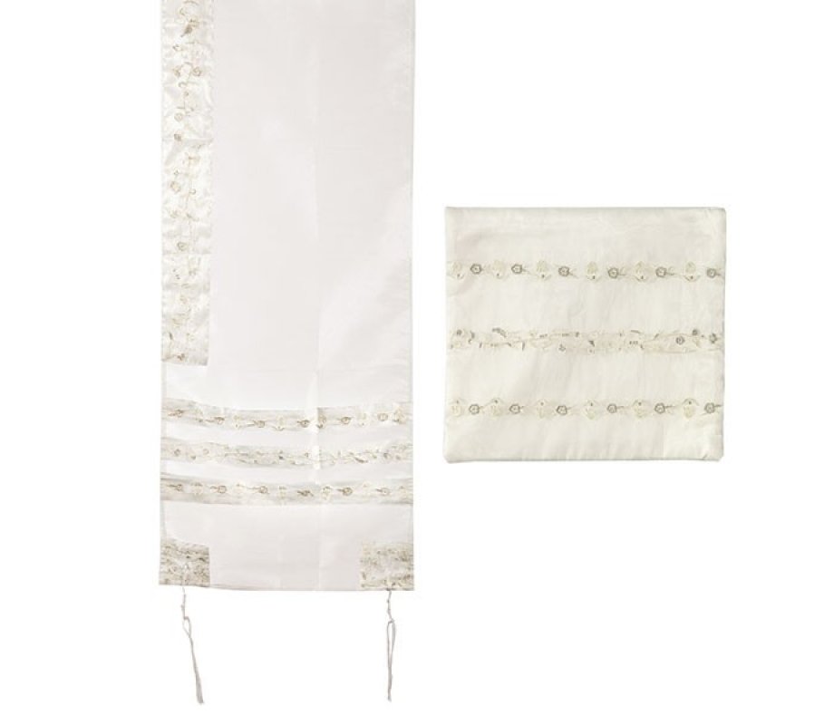 Organza Tallit Set, Floral Design, White - Yair Emanuel