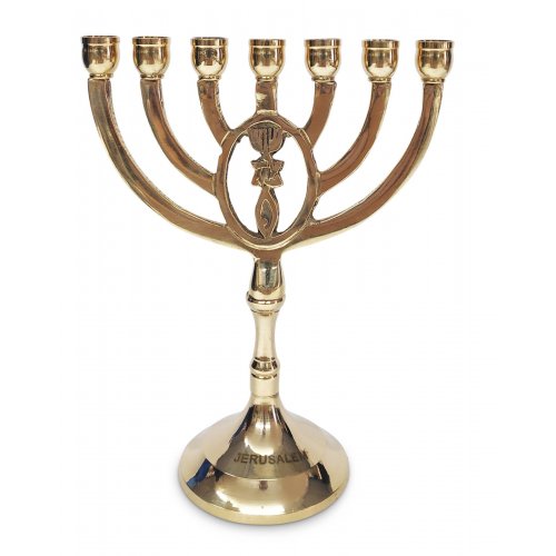 Oval Framed Grafted In Design on Gleaming Gold Brass Seven Branch Menorah - 8