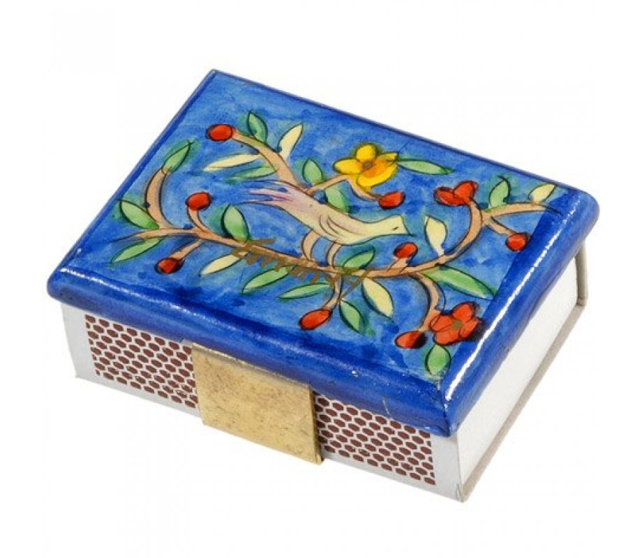 Painted Wood Matchbox Holder, Bird & Flowers - Yair Emanuel