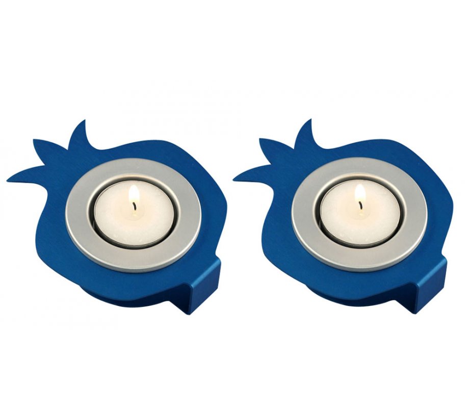 Pair Aluminum Pomegranate Candle Holders - Blue and Silver by Shraga Landesman