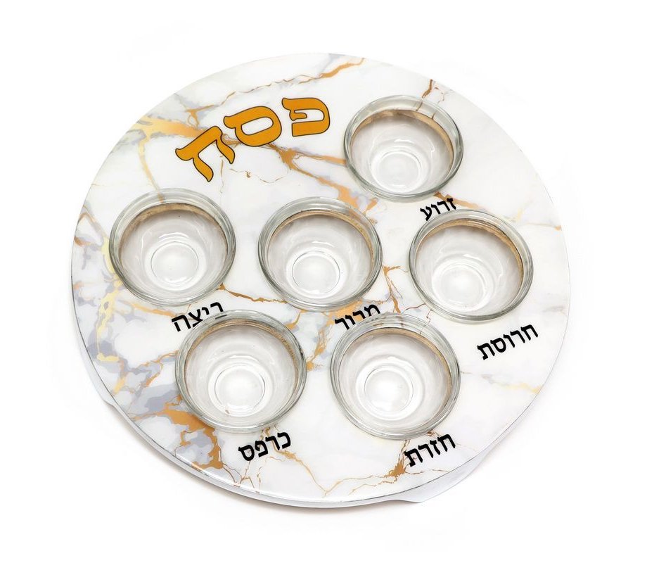 Passover Pesach Plate for Seder, Glass Bowls - White with Gold Marble Design
