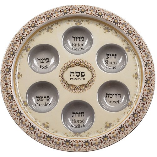 Passover Pesach Seder Plate, Aluminum - Beige Design