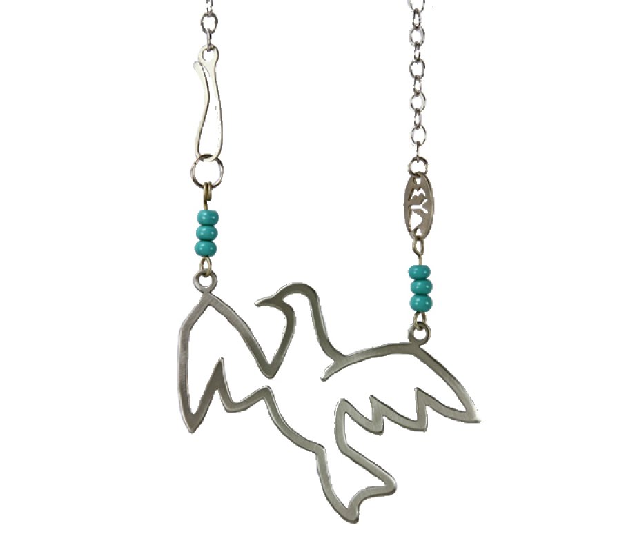 Peace Dove in Flight Necklace Turquoise Beads - Nickel Silver by Shraga Landesman