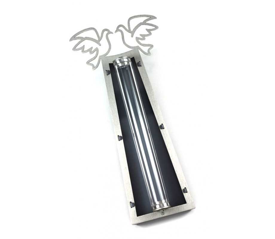 Peace Doves Mezuzah Case Silver and Black - Aluminum Lucite by Shraga Landesman
