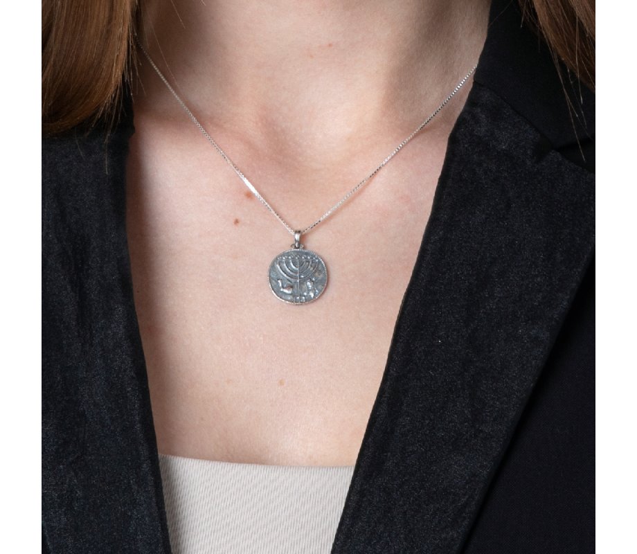 Pendant Necklace, Ancient Coin Menorah Image - Sterling Silver