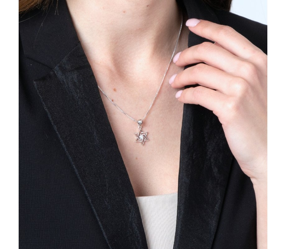 Pendant Necklace, Angular Star of David with Crystal Center - Sterling Silver