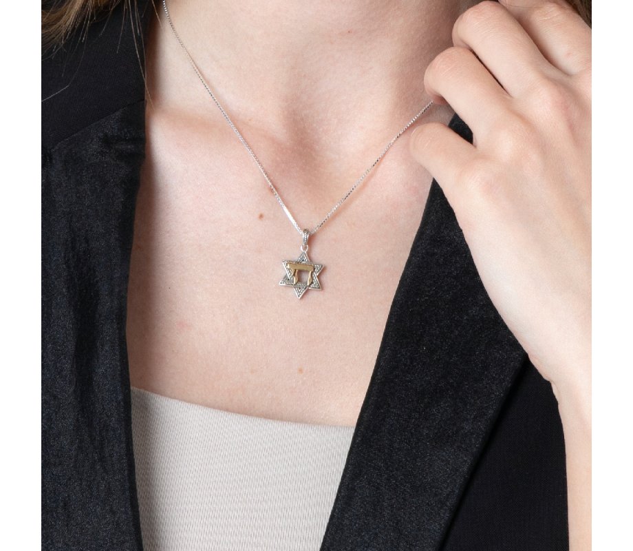 Pendant Necklace, Chai and Star of David - Gold Plate and Textured Sterling Silver