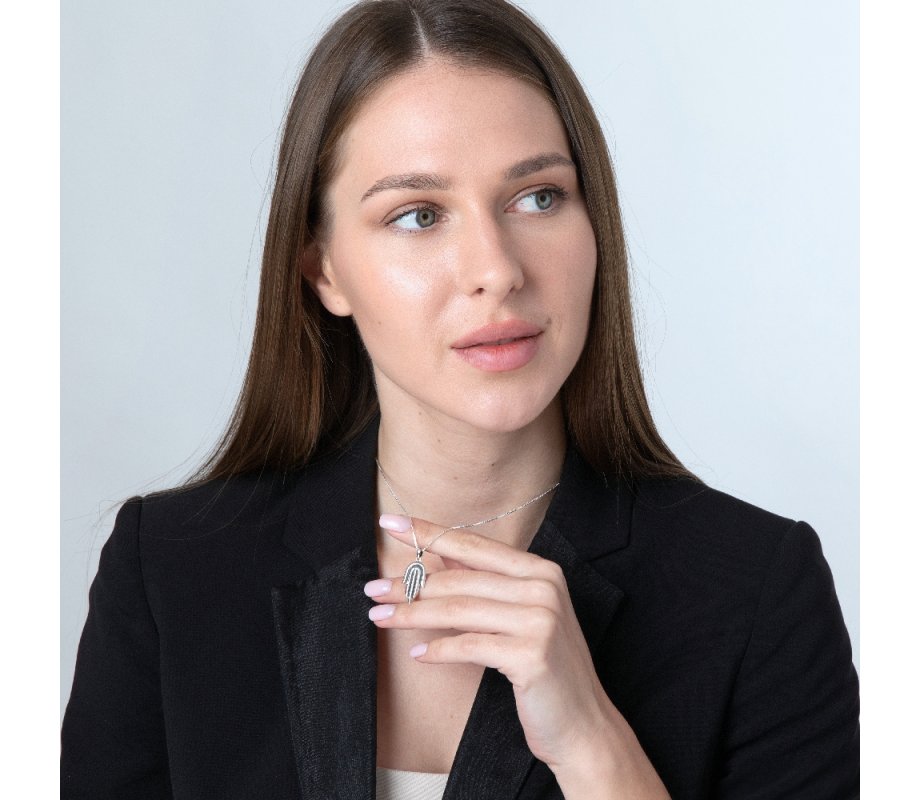 Pendant Necklace, Contemporary Style Hamsa Hand – Sterling Silver