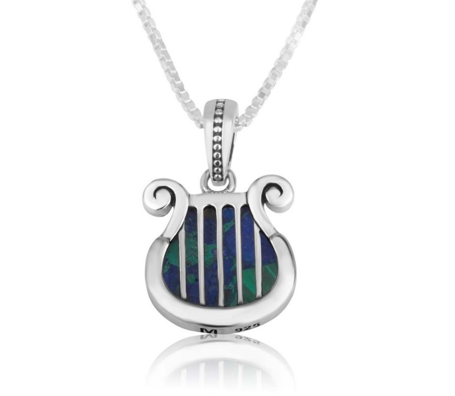 Pendant Necklace, Harp of King David on Eilat Stone - Sterling Silver
