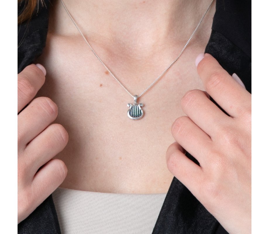 Pendant Necklace, Harp of King David on Eilat Stone - Sterling Silver