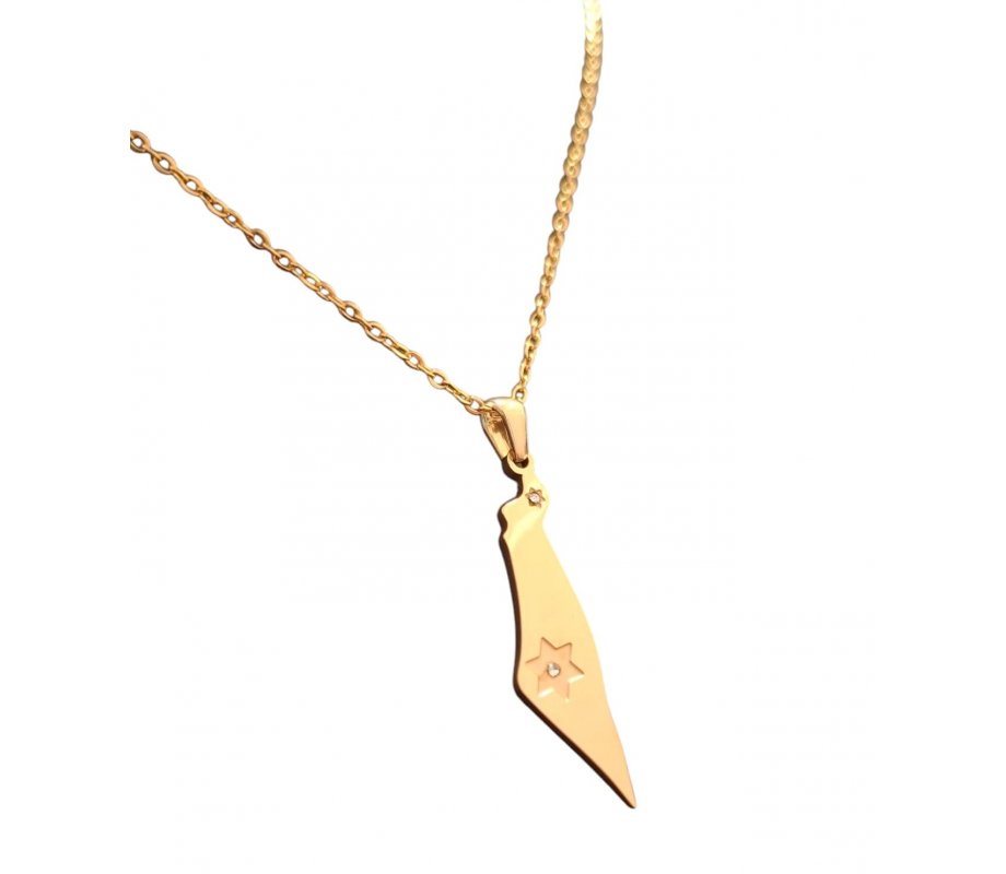 Pendant Necklace, Outline of Israel with Stars of David – Gold Stainless Steel