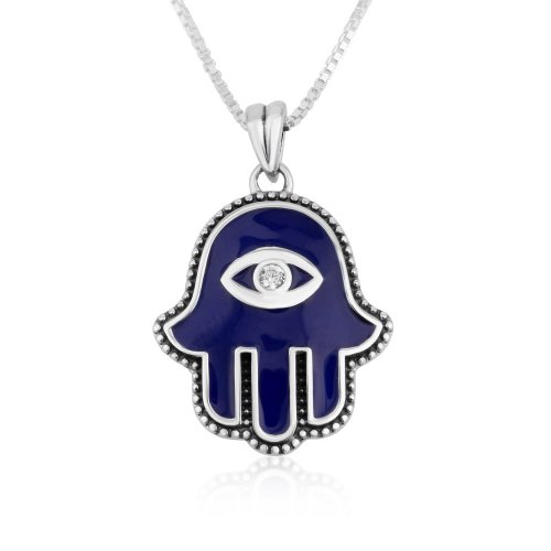 Pendant Necklace with Blue Enamel Hamsa Pendant - Protective Eye with Stone